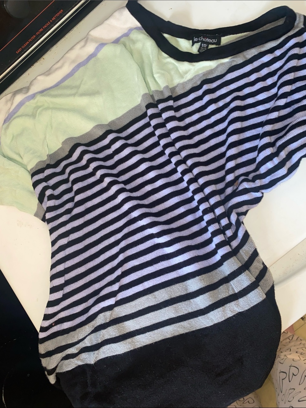 le chateau Mint Green, Lavender & Black Striped Short Sleeve Top